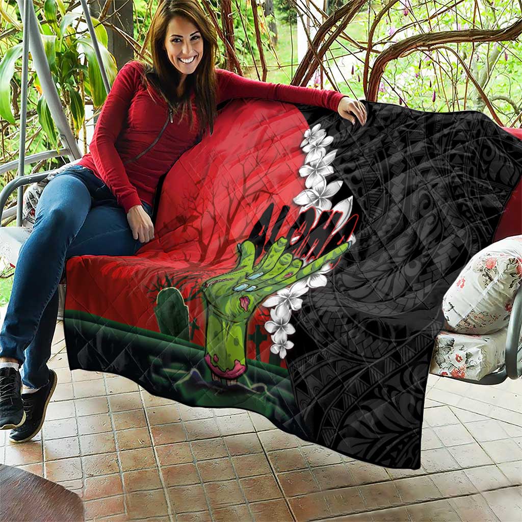 Hawaiian Halloween Quilt Horror Shaka Hand with Plumeria and Polynesian Tattoo Blood Color LT03 - Polynesian Pride