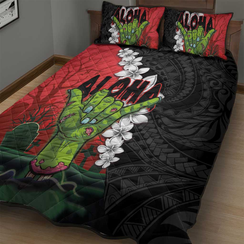 Hawaiian Halloween Quilt Bed Set Horror Shaka Hand with Plumeria and Polynesian Tattoo Blood Color LT03 - Polynesian Pride