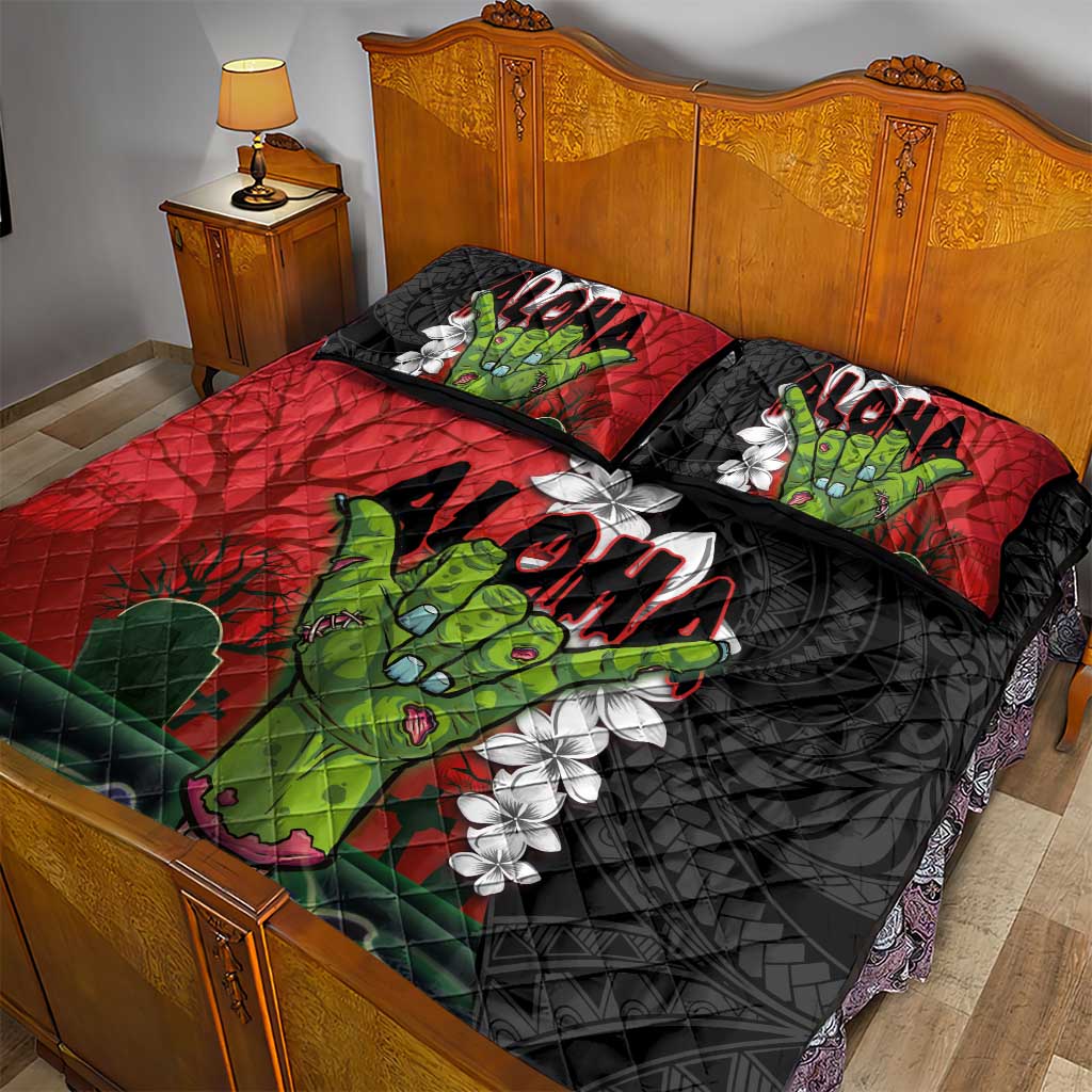 Hawaiian Halloween Quilt Bed Set Horror Shaka Hand with Plumeria and Polynesian Tattoo Blood Color LT03 - Polynesian Pride