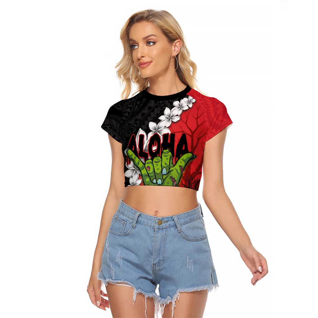 Hawaiian Halloween Raglan Cropped T Shirt Horror Shaka Hand with Plumeria and Polynesian Tattoo Blood Color LT03 Female Red - Polynesian Pride