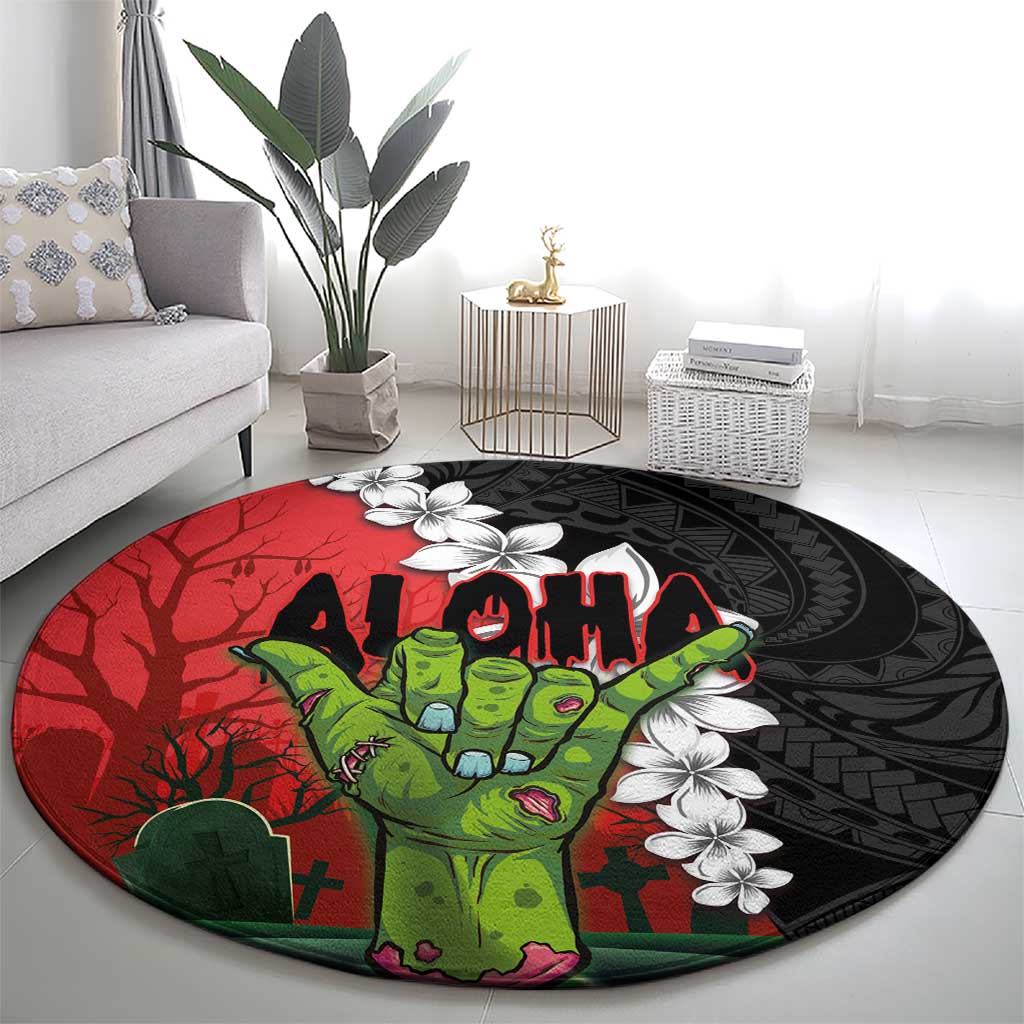 Hawaiian Halloween Round Carpet Horror Shaka Hand with Plumeria and Polynesian Tattoo Blood Color LT03 - Polynesian Pride