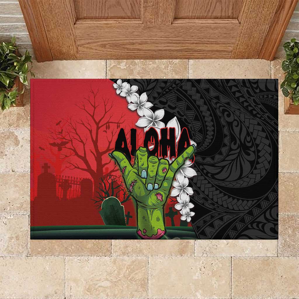 Hawaiian Halloween Rubber Doormat Horror Shaka Hand with Plumeria and Polynesian Tattoo Blood Color