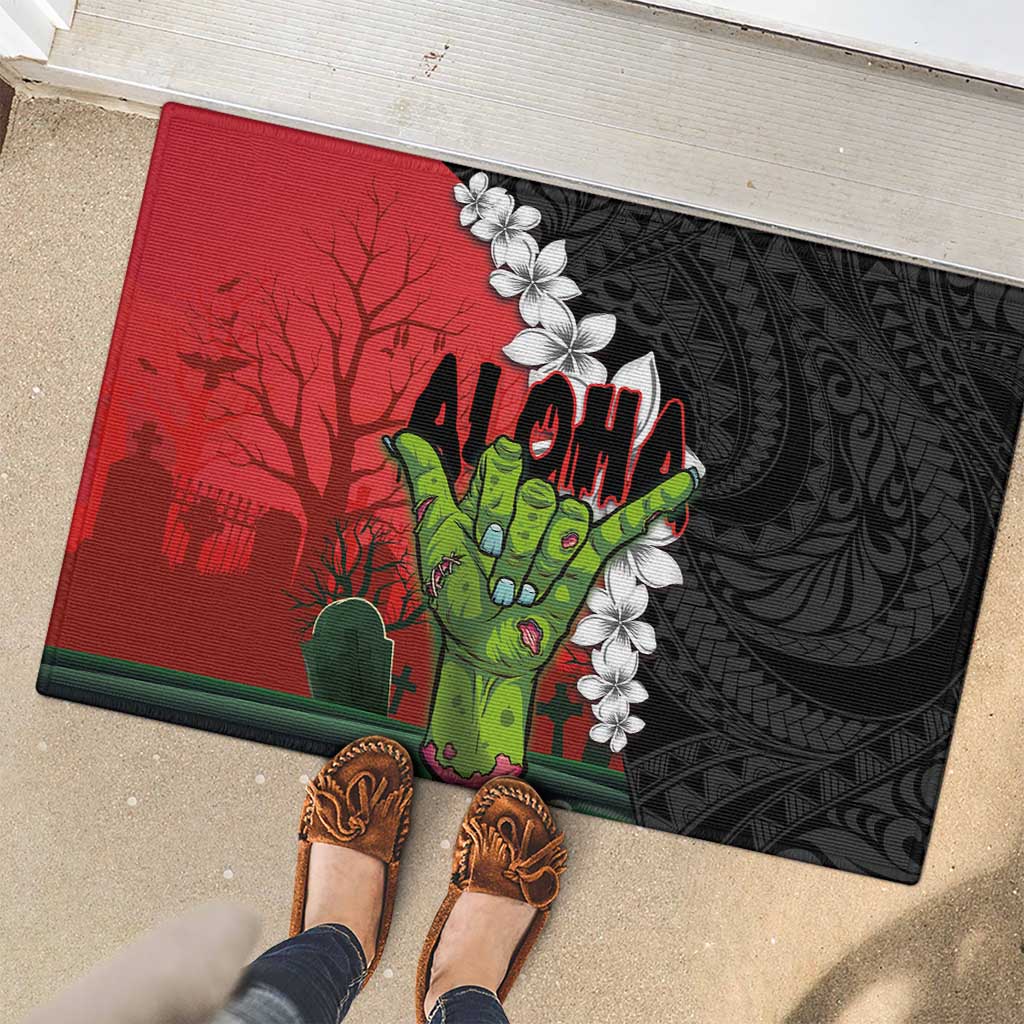 Hawaiian Halloween Rubber Doormat Horror Shaka Hand with Plumeria and Polynesian Tattoo Blood Color LT03 - Polynesian Pride