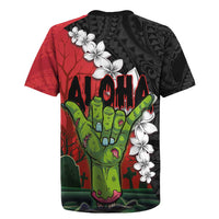 Hawaiian Halloween Rugby Jersey Horror Shaka Hand with Plumeria and Polynesian Tattoo Blood Color LT03 - Polynesian Pride