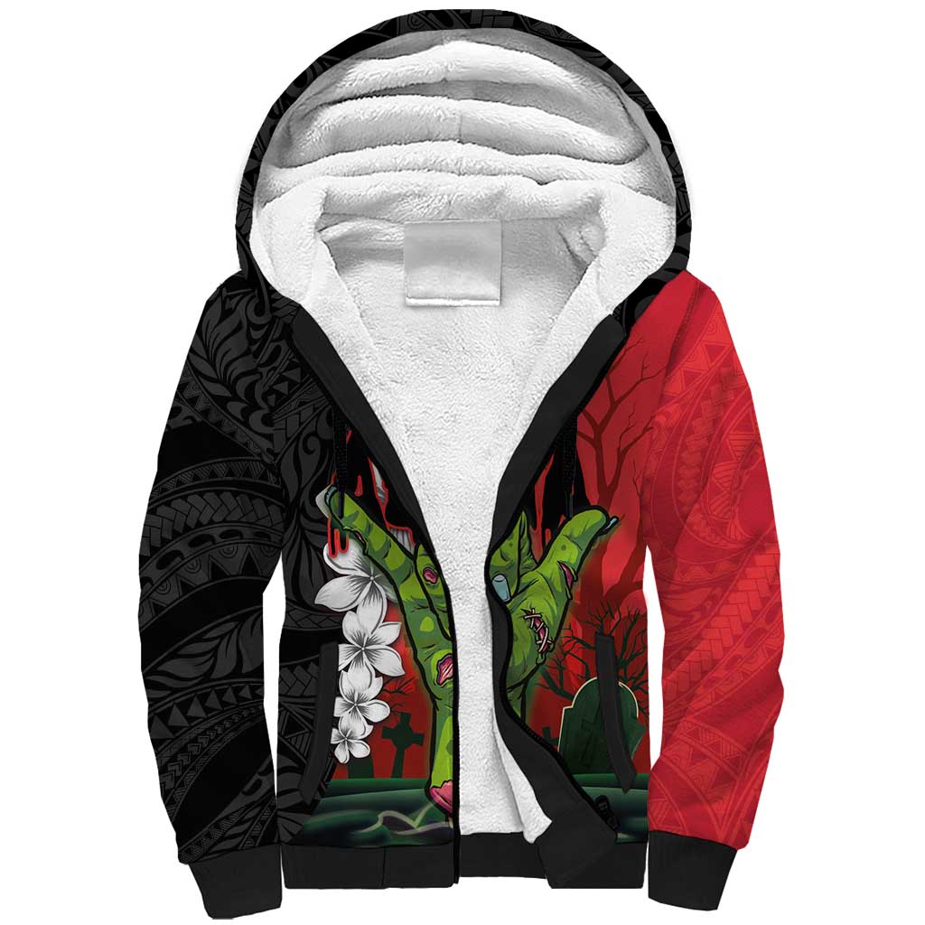Hawaiian Halloween Sherpa Hoodie Horror Shaka Hand with Plumeria and Polynesian Tattoo Blood Color LT03 Unisex Red - Polynesian Pride