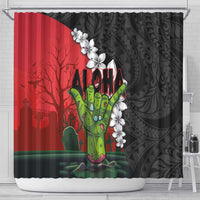 Hawaiian Halloween Shower Curtain Horror Shaka Hand with Plumeria and Polynesian Tattoo Blood Color LT03 - Polynesian Pride