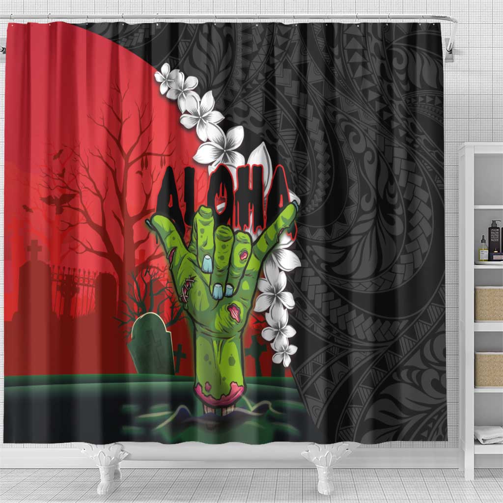 Hawaiian Halloween Shower Curtain Horror Shaka Hand with Plumeria and Polynesian Tattoo Blood Color LT03 - Polynesian Pride
