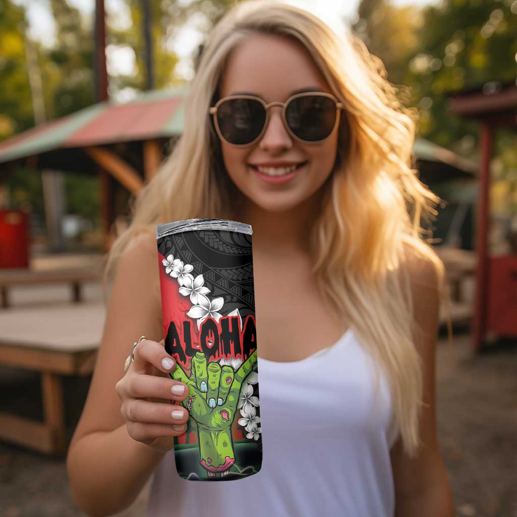 Hawaiian Halloween Skinny Tumbler Horror Shaka Hand with Plumeria and Polynesian Tattoo Blood Color LT03 - Polynesian Pride