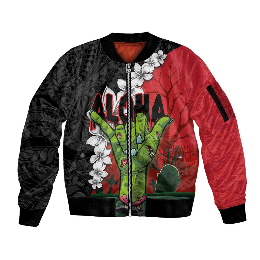 Hawaiian Halloween Sleeve Zip Bomber Jacket Horror Shaka Hand with Plumeria and Polynesian Tattoo Blood Color LT03 Unisex Red - Polynesian Pride