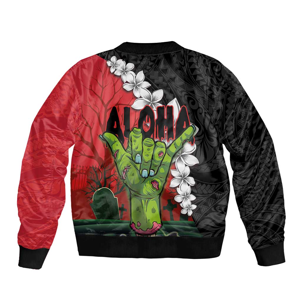 Hawaiian Halloween Sleeve Zip Bomber Jacket Horror Shaka Hand with Plumeria and Polynesian Tattoo Blood Color LT03 - Polynesian Pride