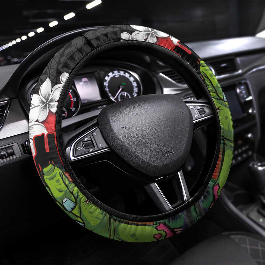 Hawaiian Halloween Steering Wheel Cover Horror Shaka Hand with Plumeria and Polynesian Tattoo Blood Color LT03 Universal Fit Red - Polynesian Pride