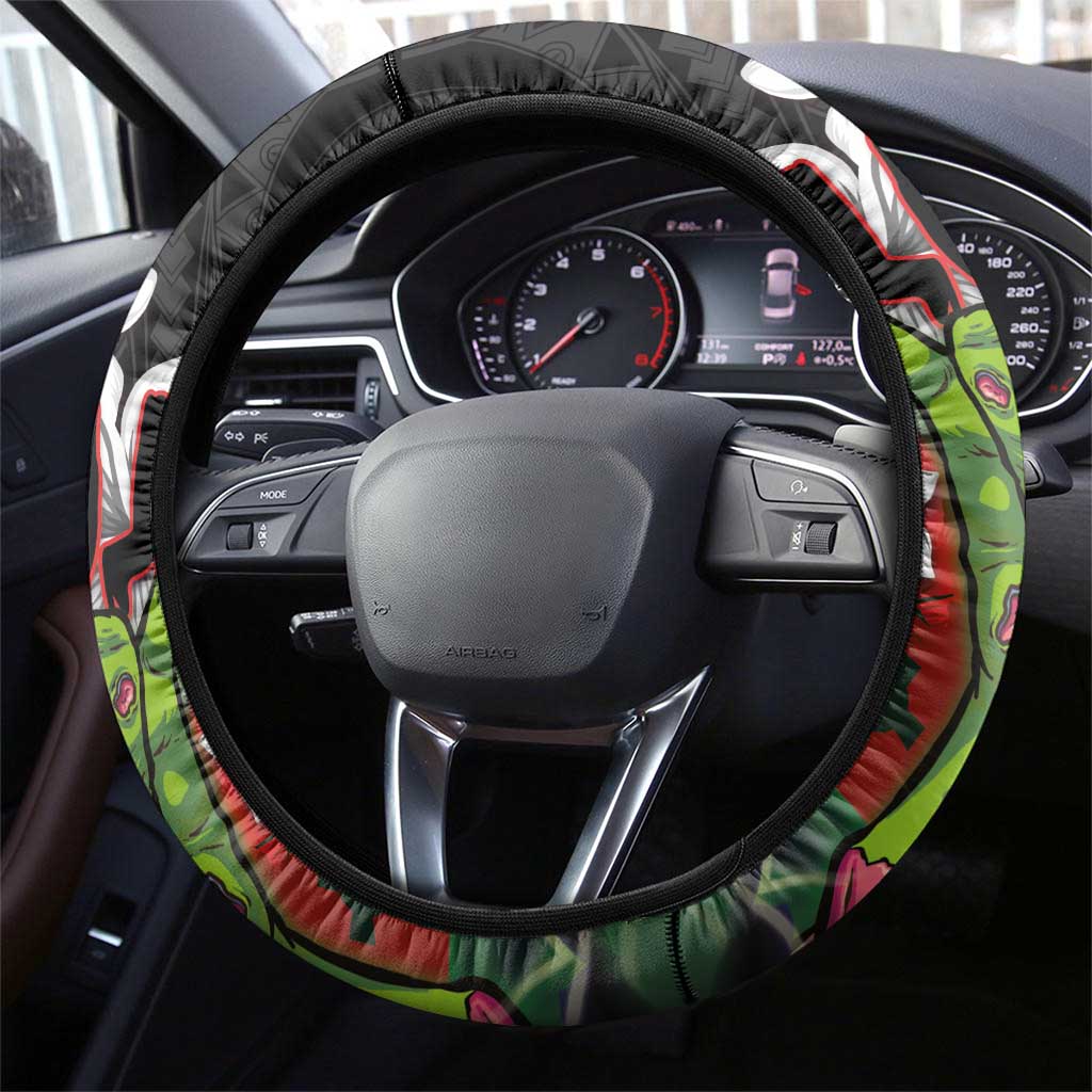 Hawaiian Halloween Steering Wheel Cover Horror Shaka Hand with Plumeria and Polynesian Tattoo Blood Color LT03 - Polynesian Pride