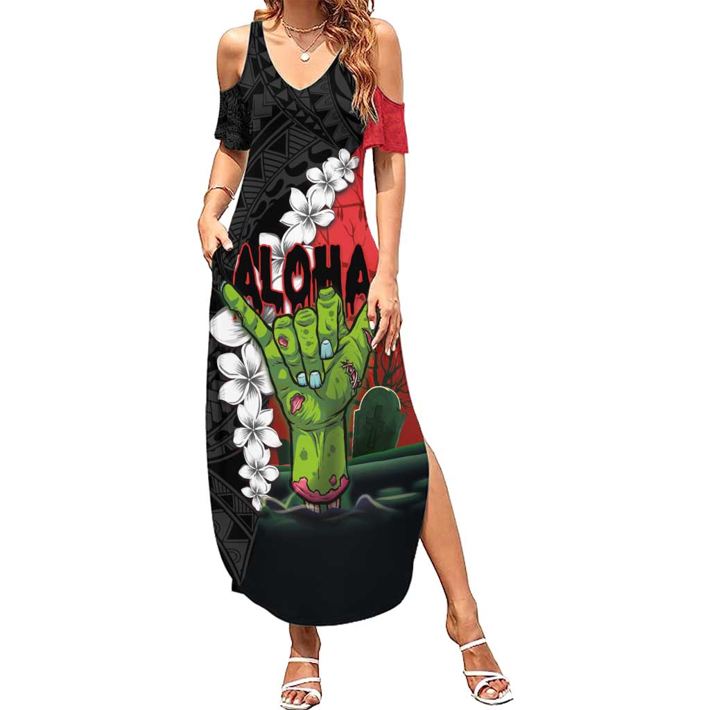 Hawaiian Halloween Summer Maxi Dress Horror Shaka Hand with Plumeria and Polynesian Tattoo Blood Color LT03 Women Red - Polynesian Pride