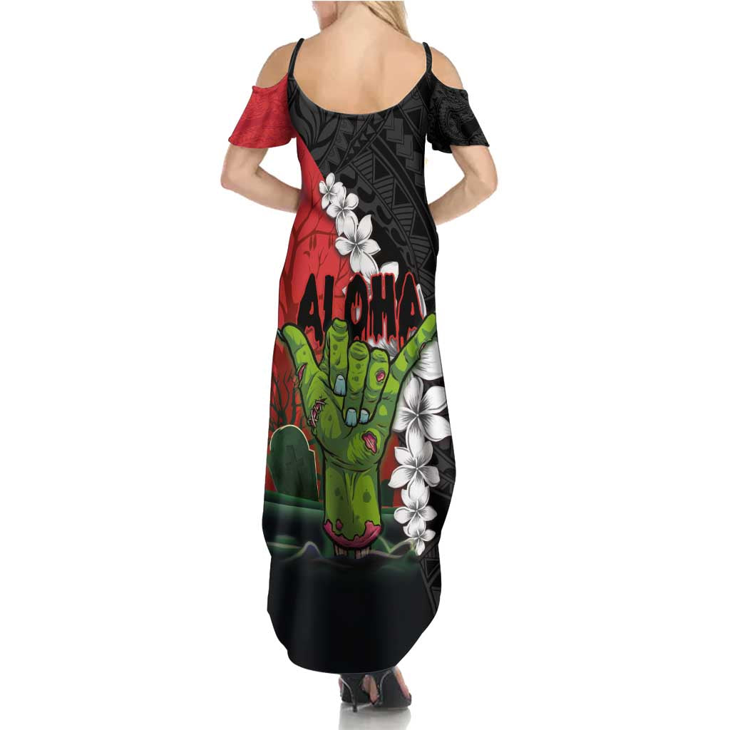 Hawaiian Halloween Summer Maxi Dress Horror Shaka Hand with Plumeria and Polynesian Tattoo Blood Color LT03 - Polynesian Pride