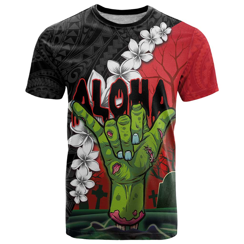 Hawaiian Halloween T Shirt Horror Shaka Hand with Plumeria and Polynesian Tattoo Blood Color LT03 Red - Polynesian Pride