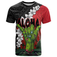 Hawaiian Halloween T Shirt Horror Shaka Hand with Plumeria and Polynesian Tattoo Blood Color LT03 Red - Polynesian Pride