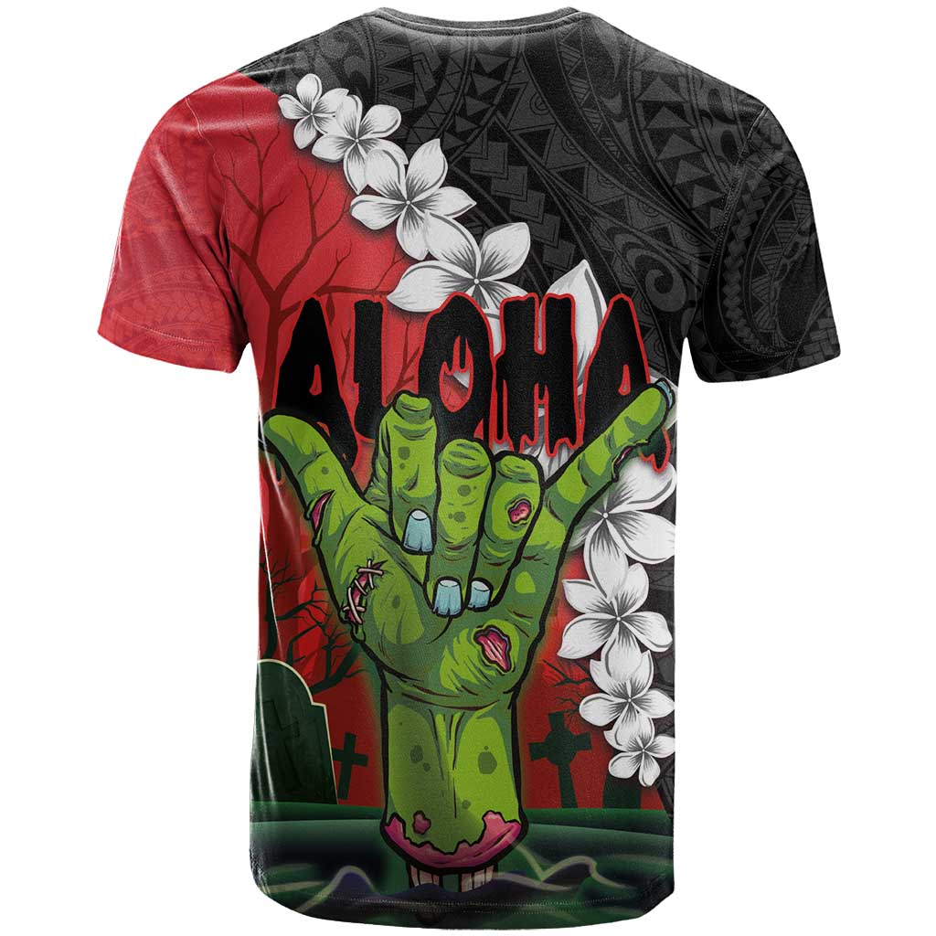 Hawaiian Halloween T Shirt Horror Shaka Hand with Plumeria and Polynesian Tattoo Blood Color LT03 - Polynesian Pride