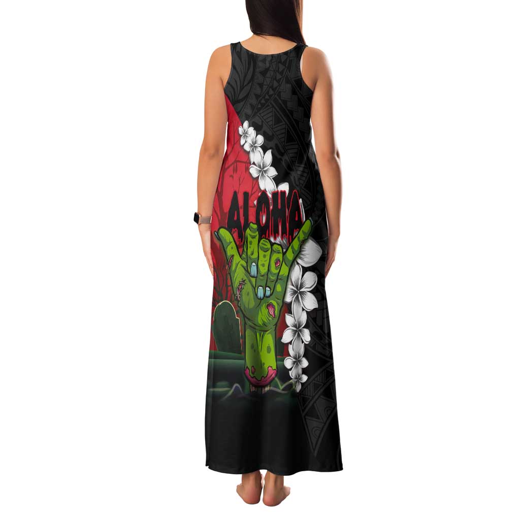 Hawaiian Halloween Tank Maxi Dress Horror Shaka Hand with Plumeria and Polynesian Tattoo Blood Color LT03 - Polynesian Pride