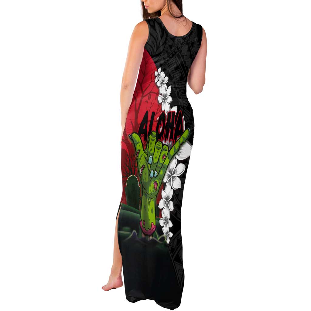 Hawaiian Halloween Tank Maxi Dress Horror Shaka Hand with Plumeria and Polynesian Tattoo Blood Color LT03 - Polynesian Pride