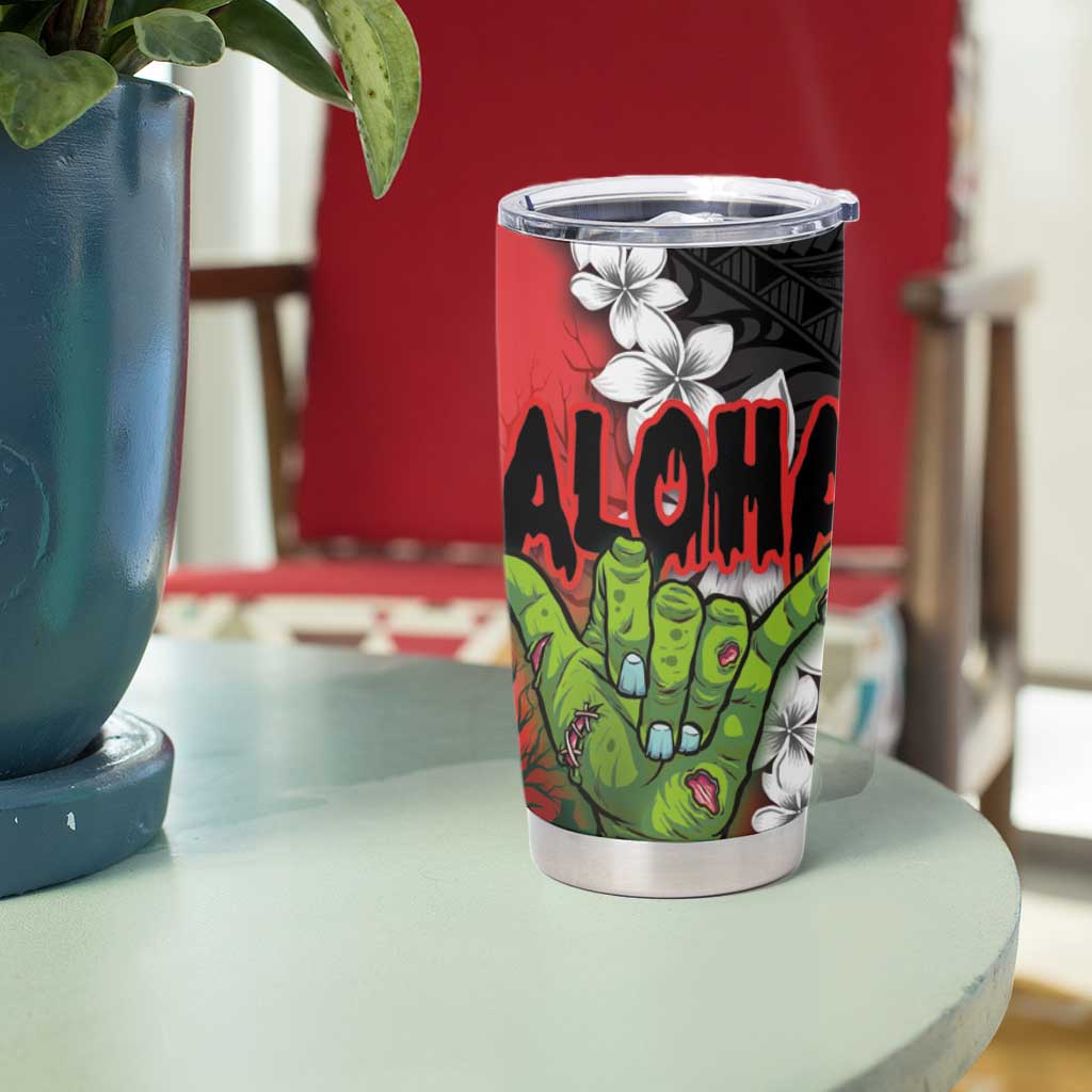 Hawaiian Halloween Tumbler Cup Horror Shaka Hand with Plumeria and Polynesian Tattoo Blood Color LT03 - Polynesian Pride