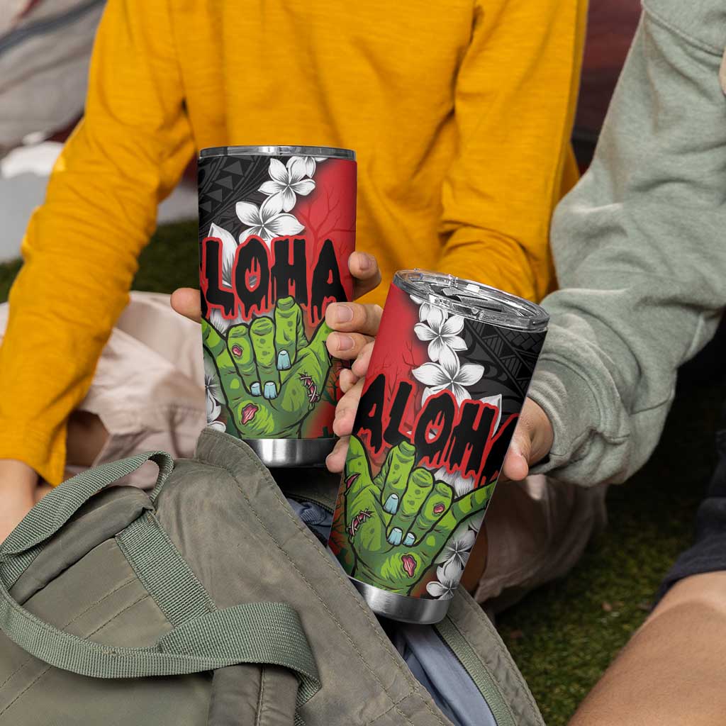 Hawaiian Halloween Tumbler Cup Horror Shaka Hand with Plumeria and Polynesian Tattoo Blood Color LT03 - Polynesian Pride
