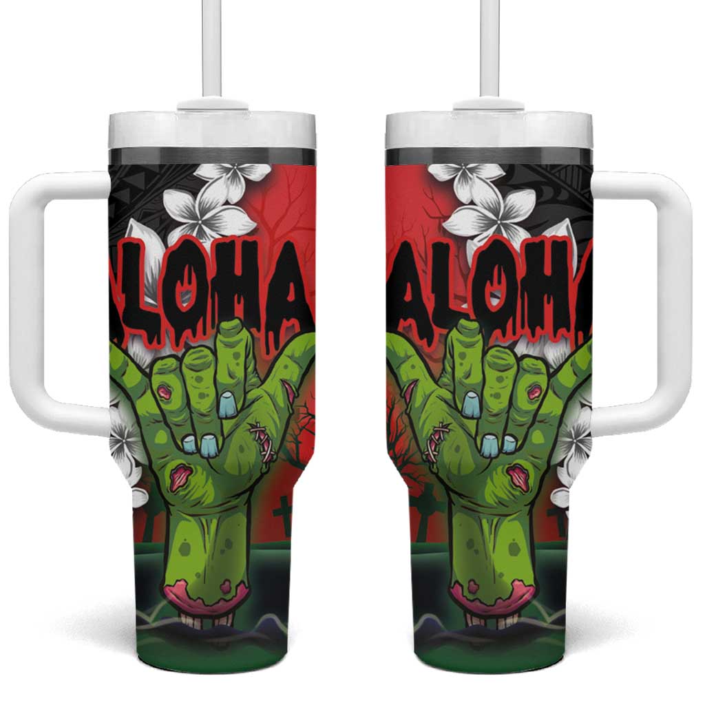 Hawaiian Halloween Tumbler With Handle Horror Shaka Hand with Plumeria and Polynesian Tattoo Blood Color LT03 One Size: 40 oz Red - Polynesian Pride