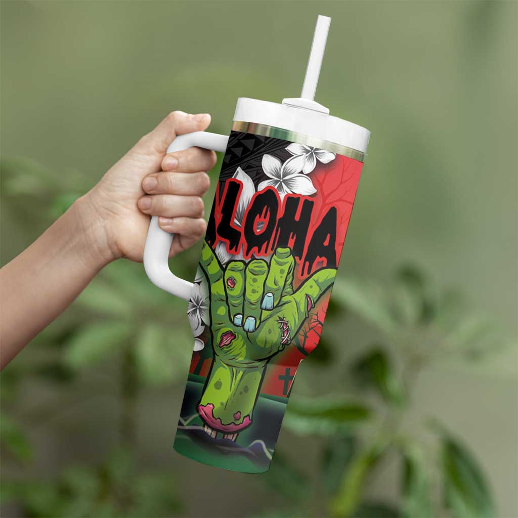 Hawaiian Halloween Tumbler With Handle Horror Shaka Hand with Plumeria and Polynesian Tattoo Blood Color LT03 - Polynesian Pride