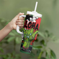 Hawaiian Halloween Tumbler With Handle Horror Shaka Hand with Plumeria and Polynesian Tattoo Blood Color LT03 - Polynesian Pride