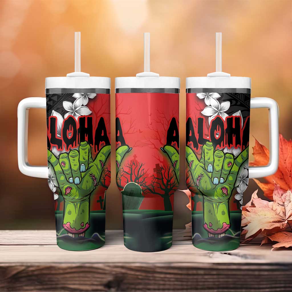Hawaiian Halloween Tumbler With Handle Horror Shaka Hand with Plumeria and Polynesian Tattoo Blood Color LT03 - Polynesian Pride