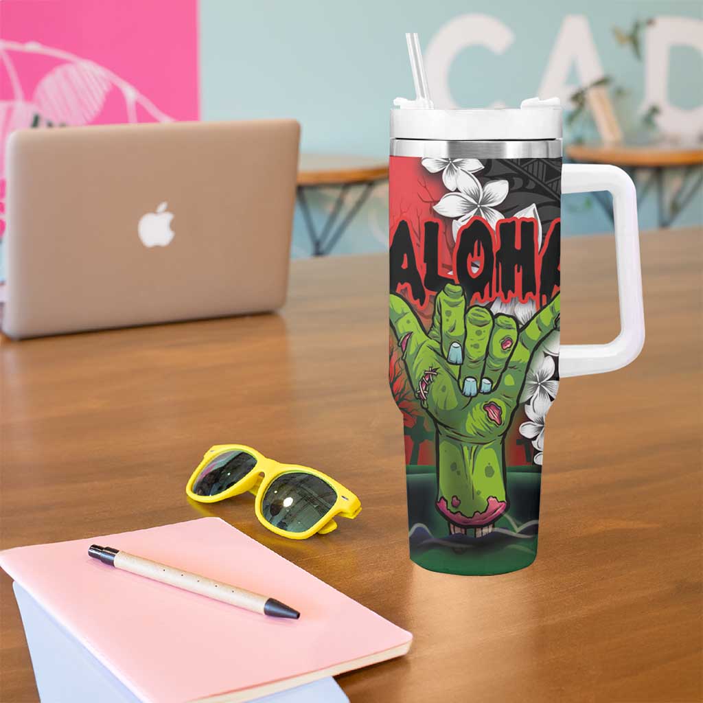 Hawaiian Halloween Tumbler With Handle Horror Shaka Hand with Plumeria and Polynesian Tattoo Blood Color LT03 - Polynesian Pride