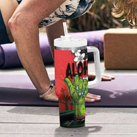 Hawaiian Halloween Tumbler With Handle Horror Shaka Hand with Plumeria and Polynesian Tattoo Blood Color LT03 - Polynesian Pride