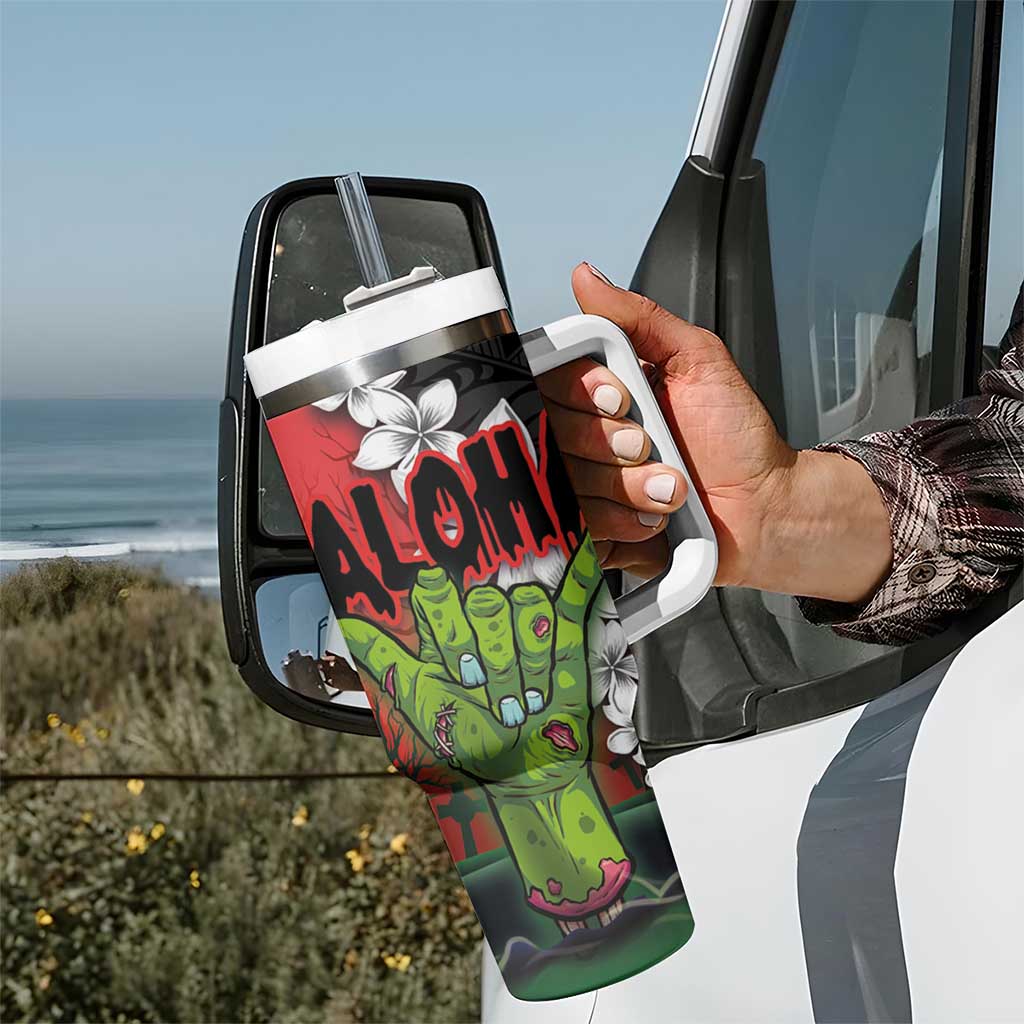 Hawaiian Halloween Tumbler With Handle Horror Shaka Hand with Plumeria and Polynesian Tattoo Blood Color LT03 - Polynesian Pride
