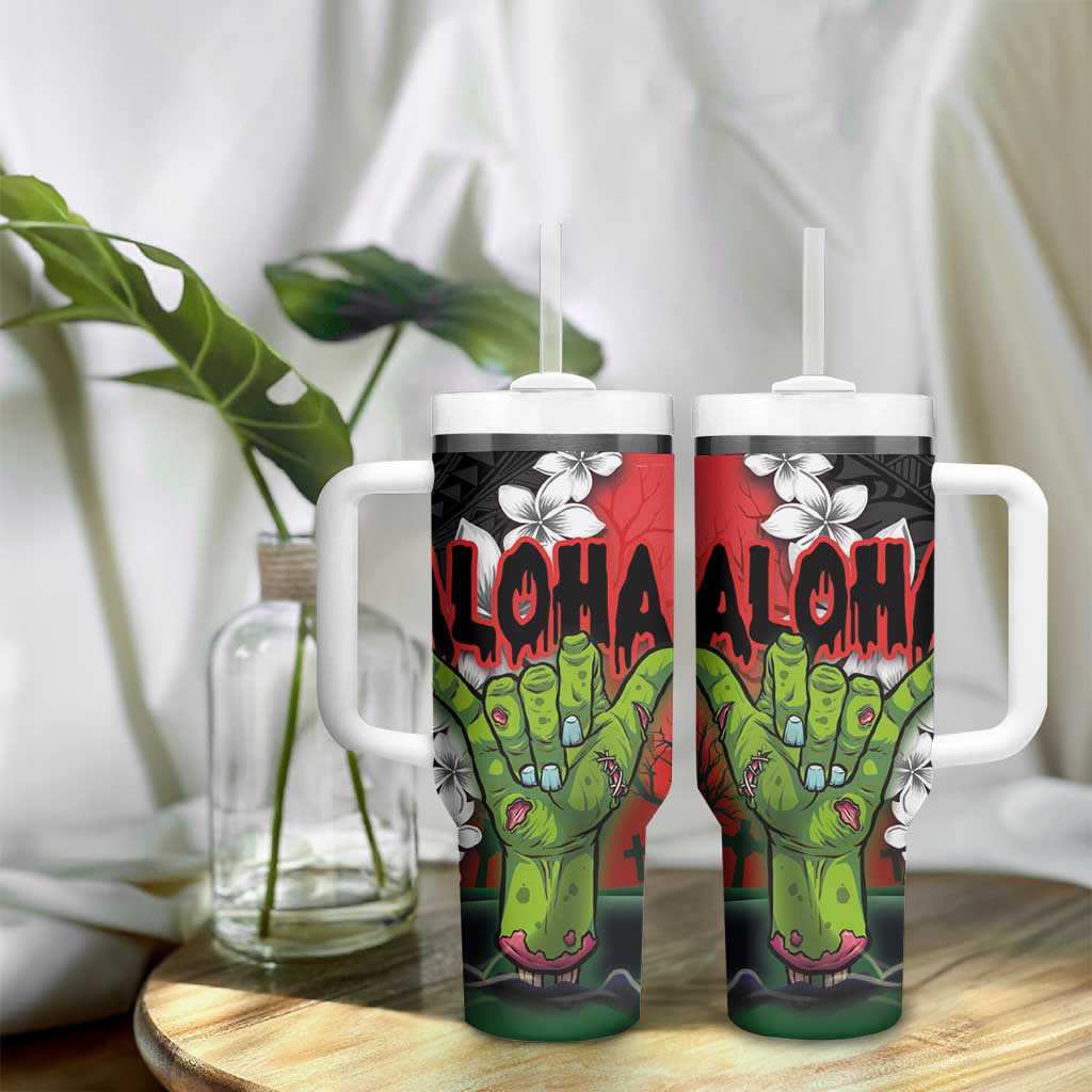 Hawaiian Halloween Tumbler With Handle Horror Shaka Hand with Plumeria and Polynesian Tattoo Blood Color LT03 - Polynesian Pride
