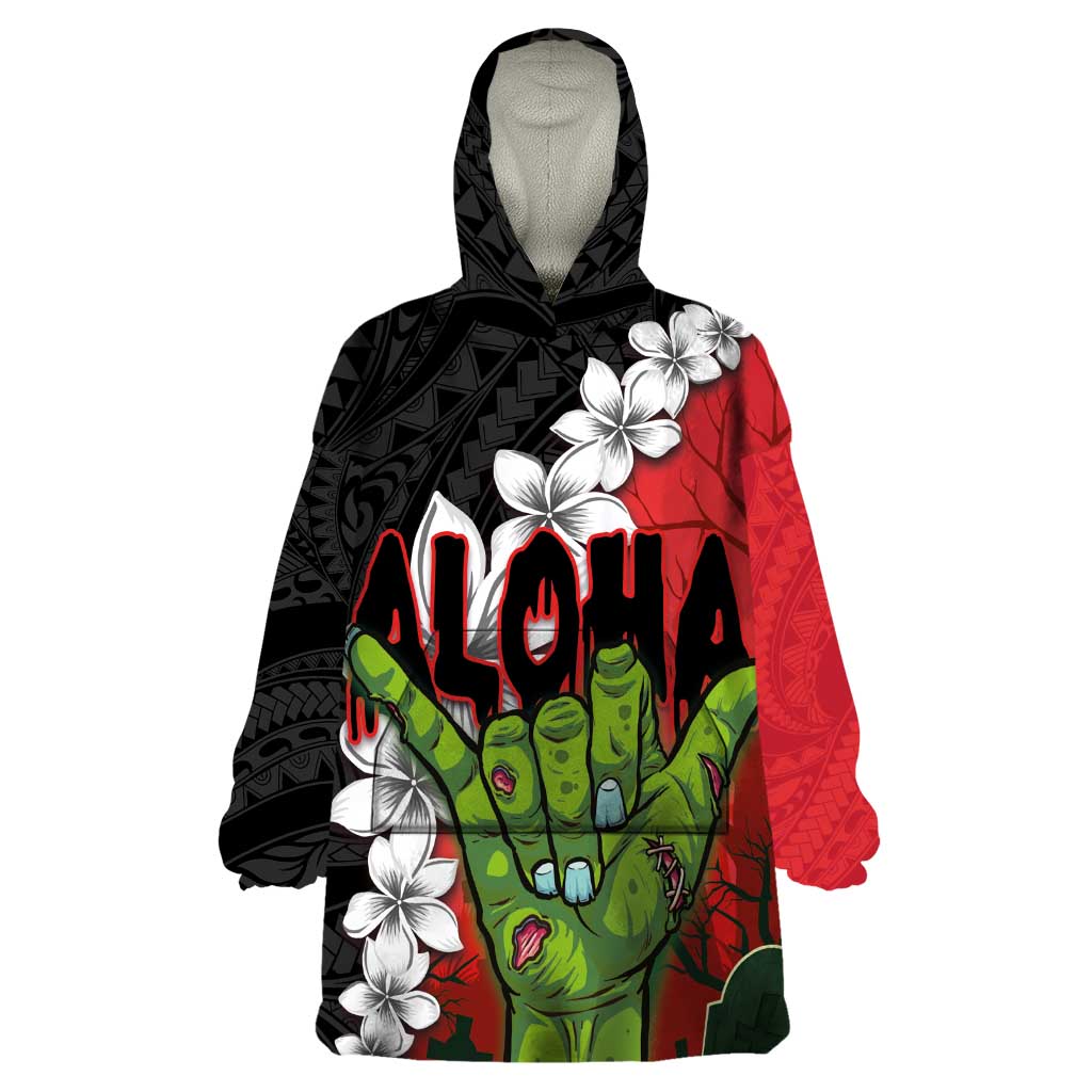 Hawaiian Halloween Wearable Blanket Hoodie Horror Shaka Hand with Plumeria and Polynesian Tattoo Blood Color LT03 One Size Red - Polynesian Pride