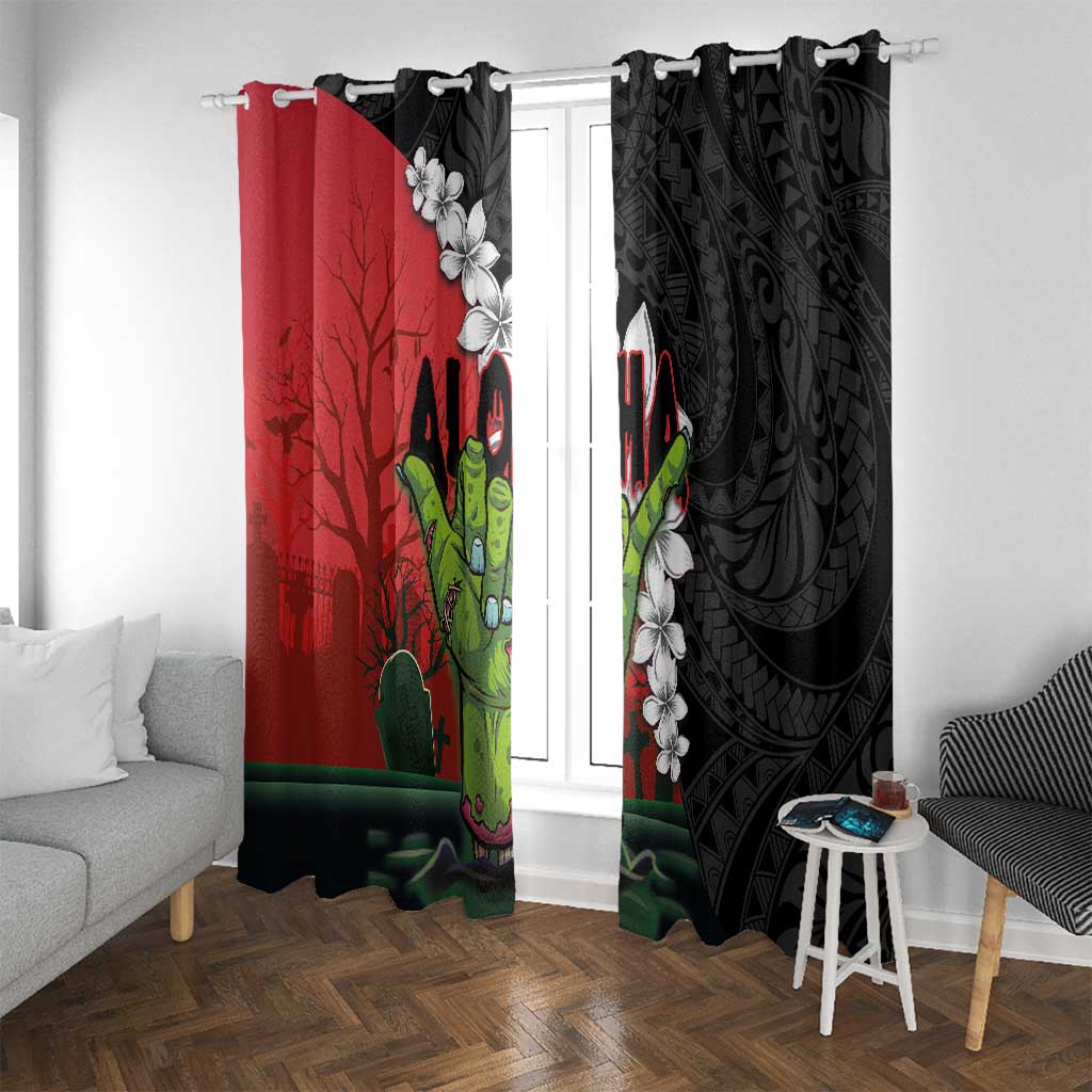 Hawaiian Halloween Window Curtain Horror Shaka Hand with Plumeria and Polynesian Tattoo Blood Color LT03 With Grommets Red - Polynesian Pride