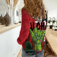 Hawaiian Halloween Women Casual Shirt Horror Shaka Hand with Plumeria and Polynesian Tattoo Blood Color LT03 - Polynesian Pride