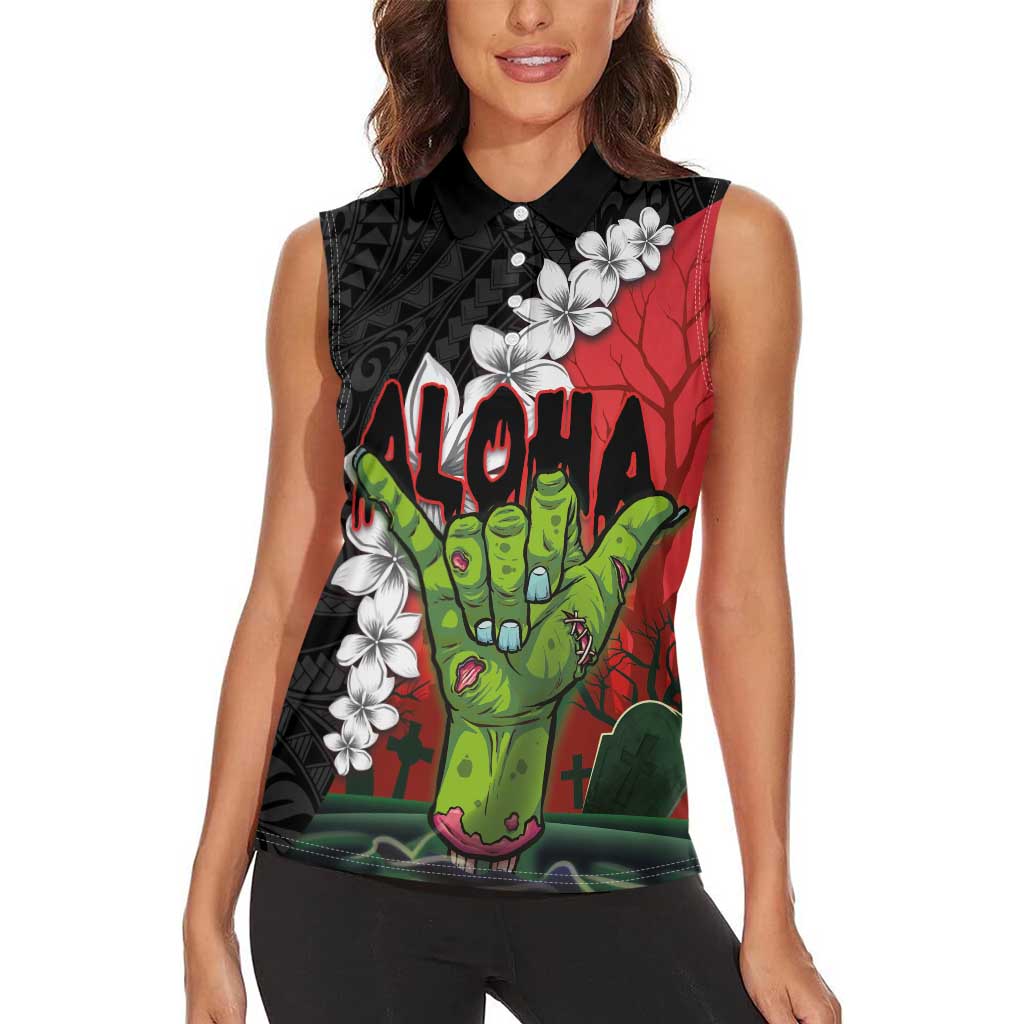 Hawaiian Halloween Women Sleeveless Polo Shirt Horror Shaka Hand with Plumeria and Polynesian Tattoo Blood Color LT03 - Polynesian Pride