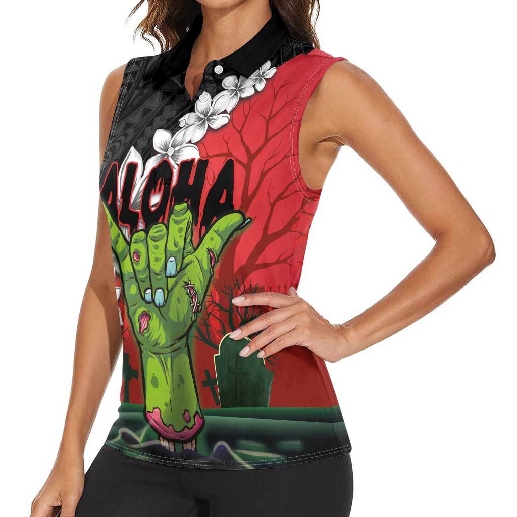 Hawaiian Halloween Women Sleeveless Polo Shirt Horror Shaka Hand with Plumeria and Polynesian Tattoo Blood Color LT03 - Polynesian Pride