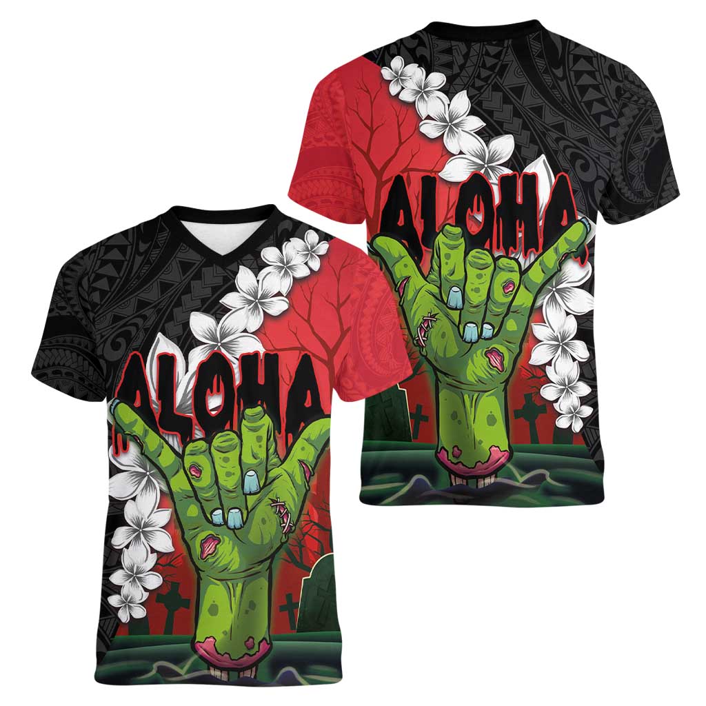 Hawaiian Halloween Women V-Neck T-Shirt Horror Shaka Hand with Plumeria and Polynesian Tattoo Blood Color LT03 - Polynesian Pride
