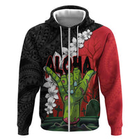 Hawaiian Halloween Zip Hoodie Horror Shaka Hand with Plumeria and Polynesian Tattoo Blood Color LT03 Zip Hoodie Red - Polynesian Pride
