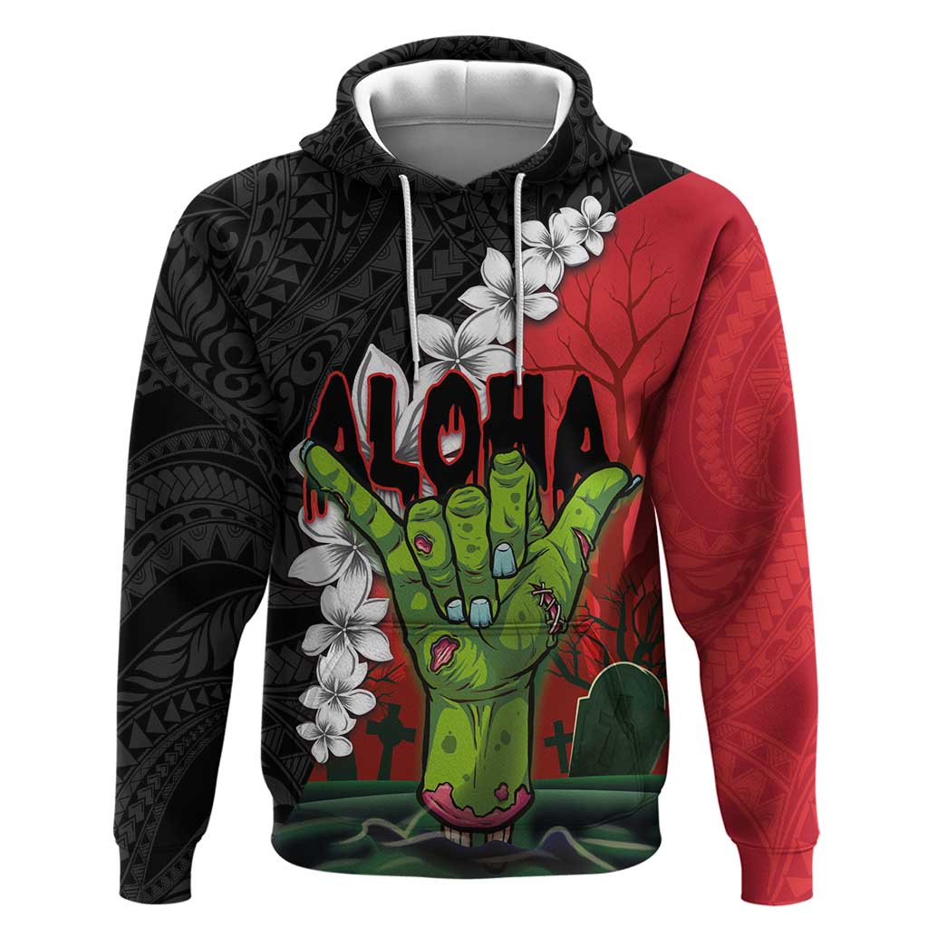 Hawaiian Halloween Zip Hoodie Horror Shaka Hand with Plumeria and Polynesian Tattoo Blood Color LT03 Pullover Hoodie Red - Polynesian Pride