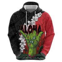 Hawaiian Halloween Zip Hoodie Horror Shaka Hand with Plumeria and Polynesian Tattoo Blood Color LT03 - Polynesian Pride