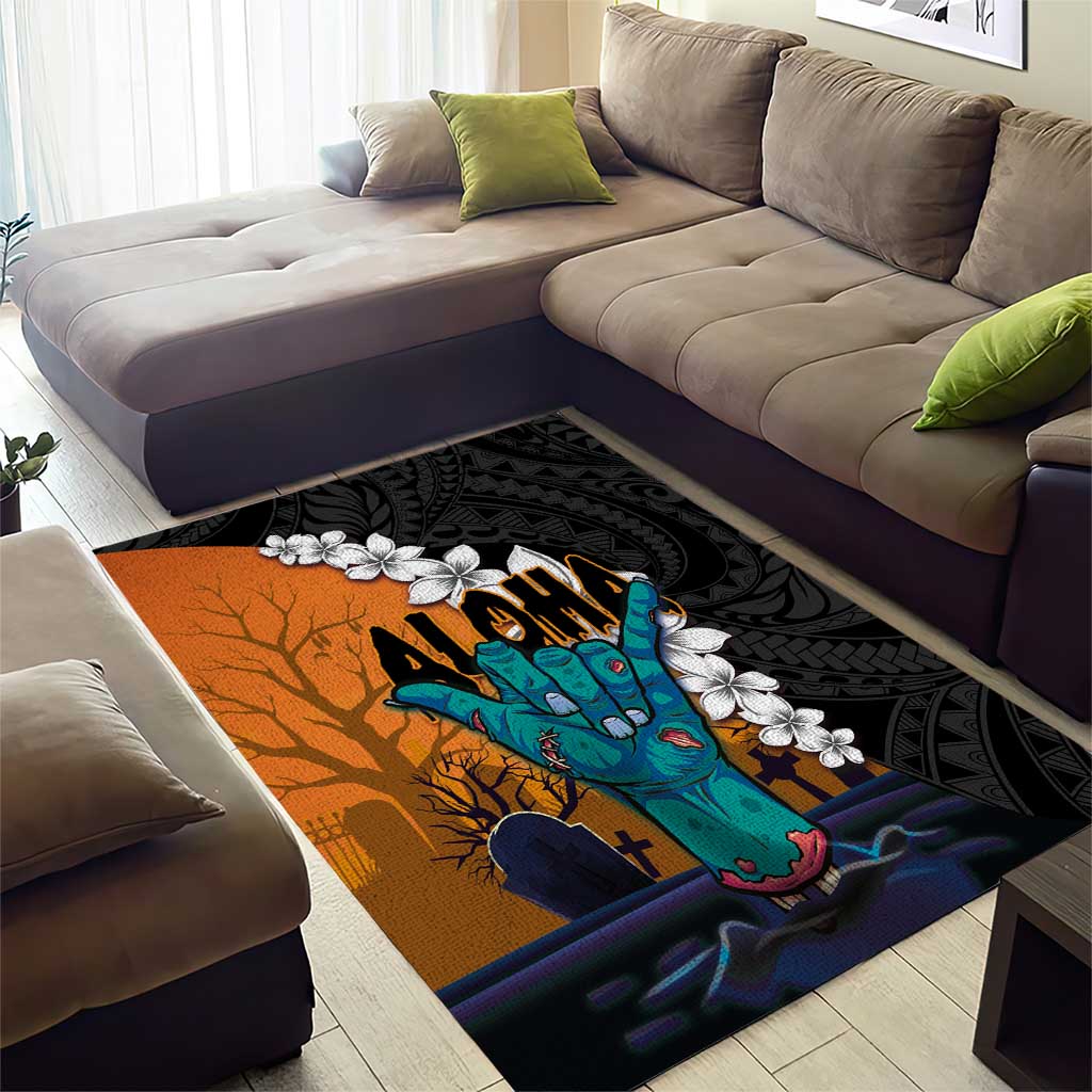 Hawaiian Halloween Area Rug Horror Shaka Hand with Plumeria and Polynesian Tattoo Autumn Color LT03 - Polynesian Pride