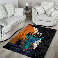 Hawaiian Halloween Area Rug Horror Shaka Hand with Plumeria and Polynesian Tattoo Autumn Color LT03 - Polynesian Pride