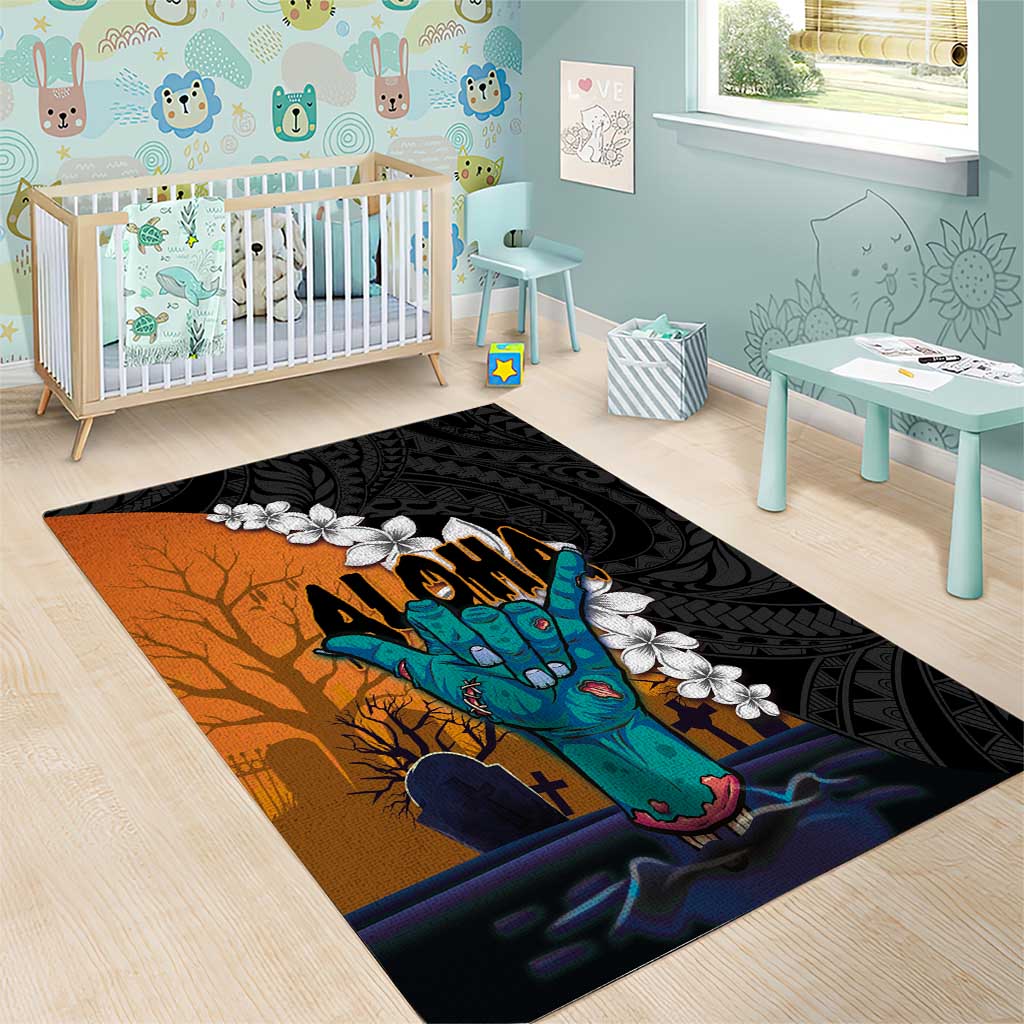 Hawaiian Halloween Area Rug Horror Shaka Hand with Plumeria and Polynesian Tattoo Autumn Color LT03 - Polynesian Pride