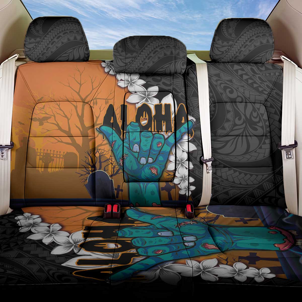 Hawaiian Halloween Back Car Seat Cover Horror Shaka Hand with Plumeria and Polynesian Tattoo Autumn Color LT03 One Size Orange - Polynesian Pride