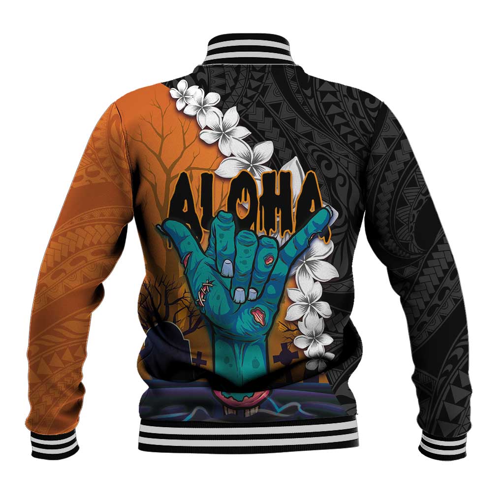 Hawaiian Halloween Baseball Jacket Horror Shaka Hand with Plumeria and Polynesian Tattoo Autumn Color