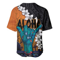 Hawaiian Halloween Baseball Jersey Horror Shaka Hand with Plumeria and Polynesian Tattoo Autumn Color LT03 - Polynesian Pride