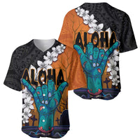 Hawaiian Halloween Baseball Jersey Horror Shaka Hand with Plumeria and Polynesian Tattoo Autumn Color LT03 - Polynesian Pride