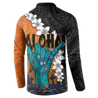 Hawaiian Halloween Button Sweatshirt Horror Shaka Hand with Plumeria and Polynesian Tattoo Autumn Color